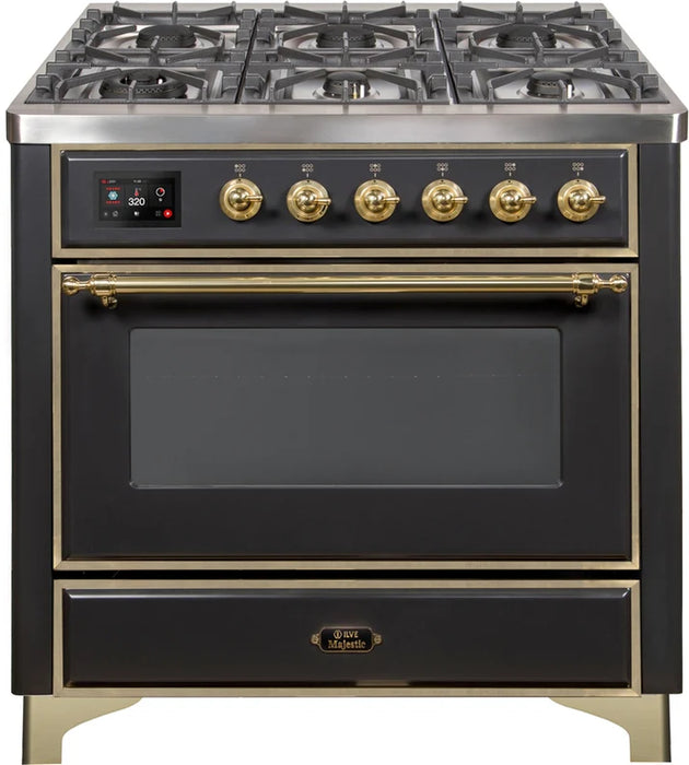 Ilve UM09FDNS3MGG Majestic II 36-Inch Freestanding Dual Fuel Range with 6 Sealed Black Brass Burners, Griddle, Electric Convection Oven, TFT Display, Warming Drawer – Matte Graphite with Brass Trim