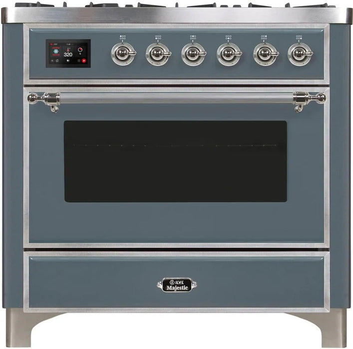 Ilve UM09FDNS3BGC Majestic II 36 Inch Freestanding Dual Fuel Range Cooker with 6 Brass Burners, Griddle, Convection Electric Oven, and Blue Grey Finish with Chrome Trim