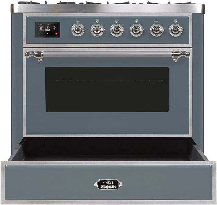Ilve UM09FDNS3BGC Majestic II 36 Inch Freestanding Dual Fuel Range Cooker with 6 Brass Burners, Griddle, Convection Electric Oven, and Blue Grey Finish with Chrome Trim