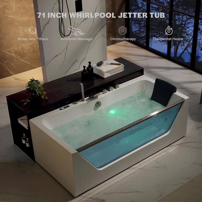 Empava EMPV-71JT408-BN 71 in Whirlpool Bathtub, 11 Jets, Inline Heater, Ozone System, Brushed Nickel