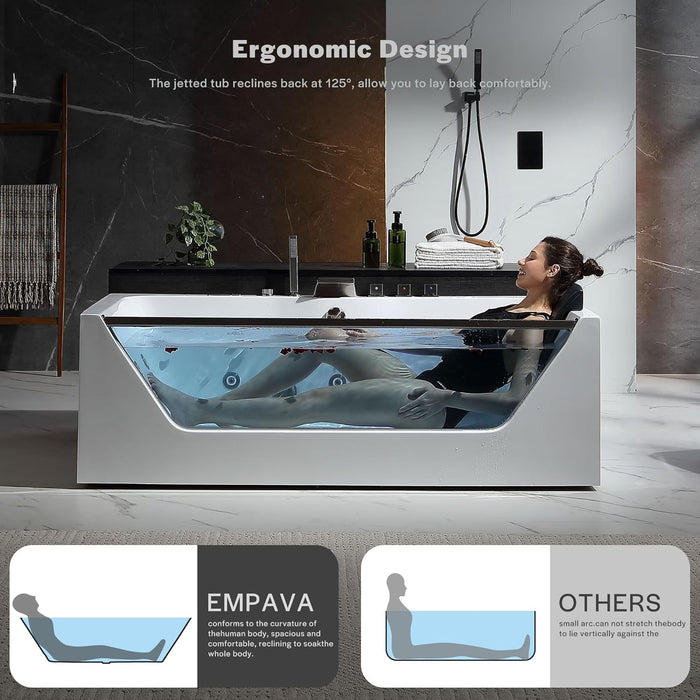Empava EMPV-71JT408-BN 71 in Whirlpool Bathtub, 11 Jets, Inline Heater, Ozone System, Brushed Nickel