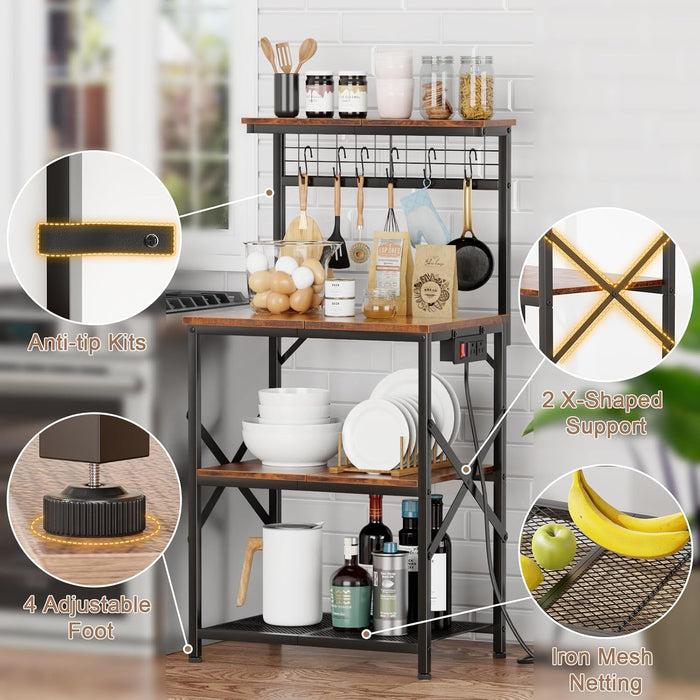 Vero Hardware 4-Tier Kitchen Baker’s Rack with Power Outlet, Microwave Stand, Coffee Bar Storage Shelf with S Hooks, Rustic Brown