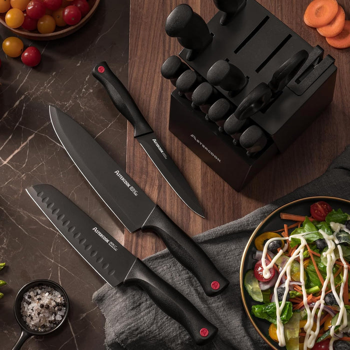 Astercook 15-Piece Knife Set with Built-In Sharpener Block, German Stainless Steel Kitchen Knives, Black
