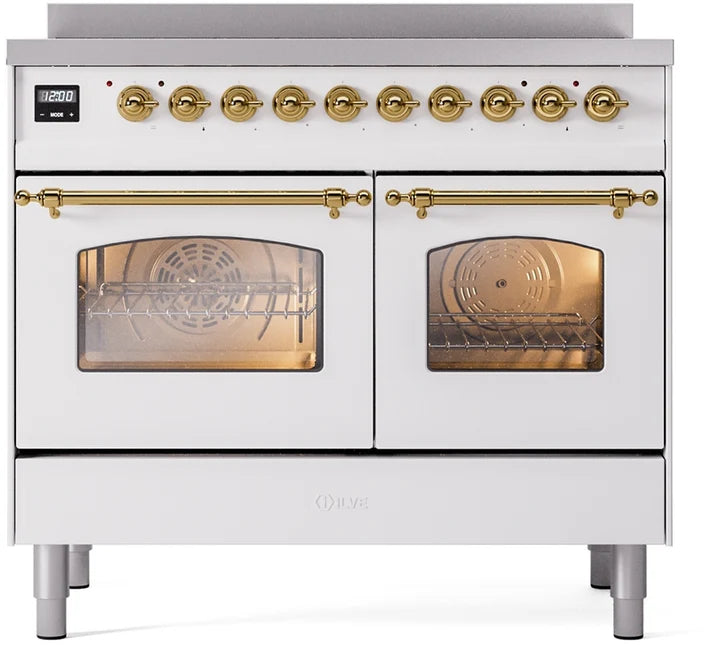 Ilve UPDI406NMPWHG 40 in Nostalgie II Induction Range, 6 Elements, Double Oven, White, Brass