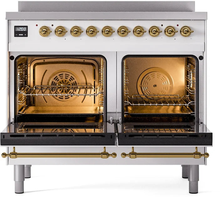 Ilve UPDI406NMPWHG 40 in Nostalgie II Induction Range, 6 Elements, Double Oven, White, Brass