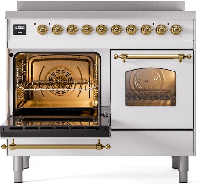 Ilve UPDI406NMPWHG 40 in Nostalgie II Induction Range, 6 Elements, Double Oven, White, Brass