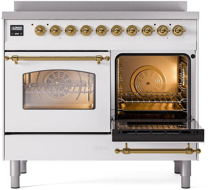 Ilve UPDI406NMPWHG 40 in Nostalgie II Induction Range, 6 Elements, Double Oven, White, Brass