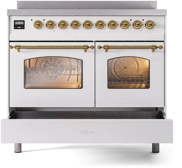 Ilve UPDI406NMPWHG 40 in Nostalgie II Induction Range, 6 Elements, Double Oven, White, Brass