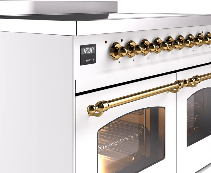Ilve UPDI406NMPWHG 40 in Nostalgie II Induction Range, 6 Elements, Double Oven, White, Brass