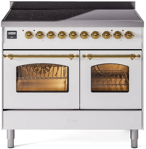 Ilve UPDI406NMPWHG 40 in Nostalgie II Induction Range, 6 Elements, Double Oven, White, Brass