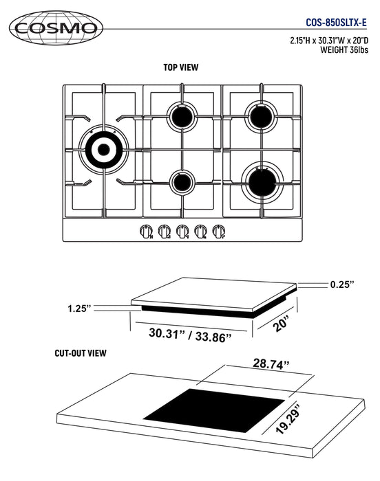 Cosmo 30-Inch Gas Cooktop with 5 Sealed Brass Burners in Stainless Steel