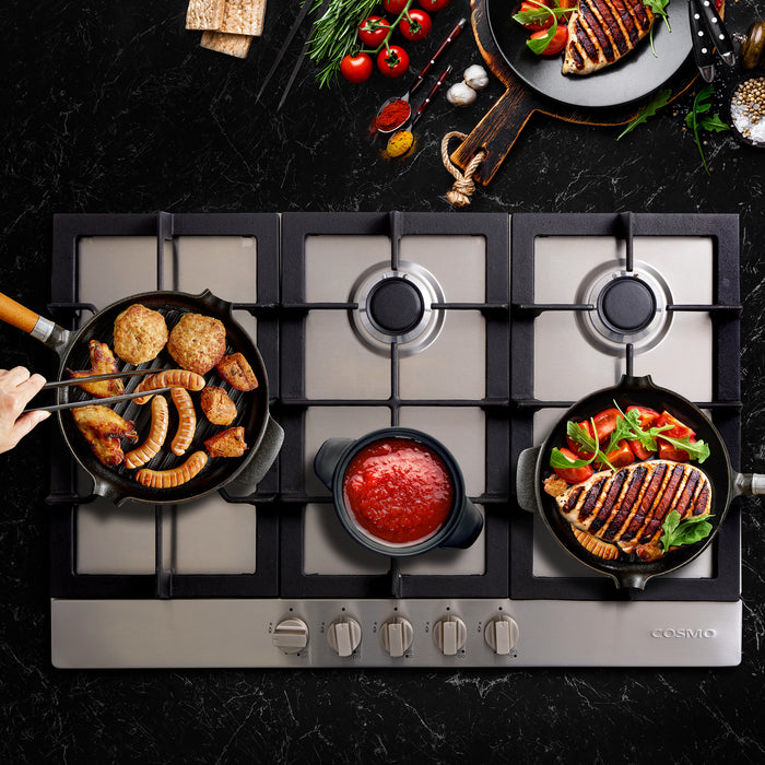 Cosmo 30-Inch Gas Cooktop with 5 Sealed Brass Burners in Stainless Steel
