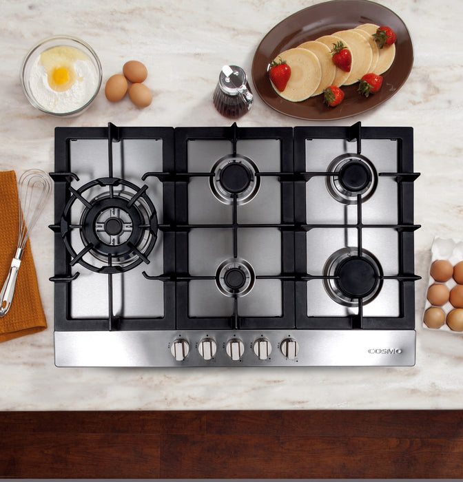 Cosmo 30-Inch Gas Cooktop with 5 Sealed Brass Burners in Stainless Steel