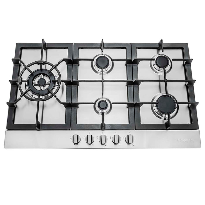 Cosmo 30-Inch Gas Cooktop with 5 Sealed Brass Burners in Stainless Steel
