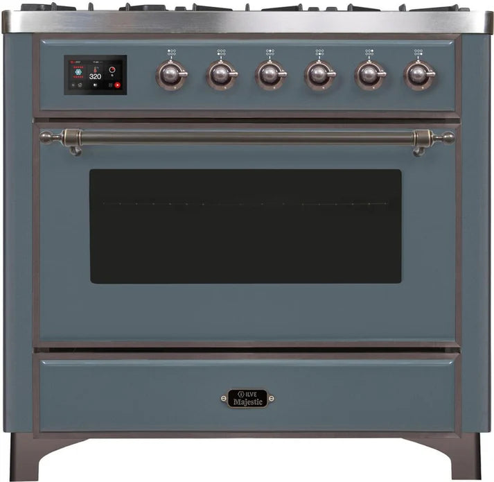 Ilve UM09FDNS3BGB Majestic II 36 Inch Freestanding Dual Fuel Range Cooker with 6 Brass Burners, Griddle, Convection Electric Oven, and Blue Grey Finish with Burnished Trim
