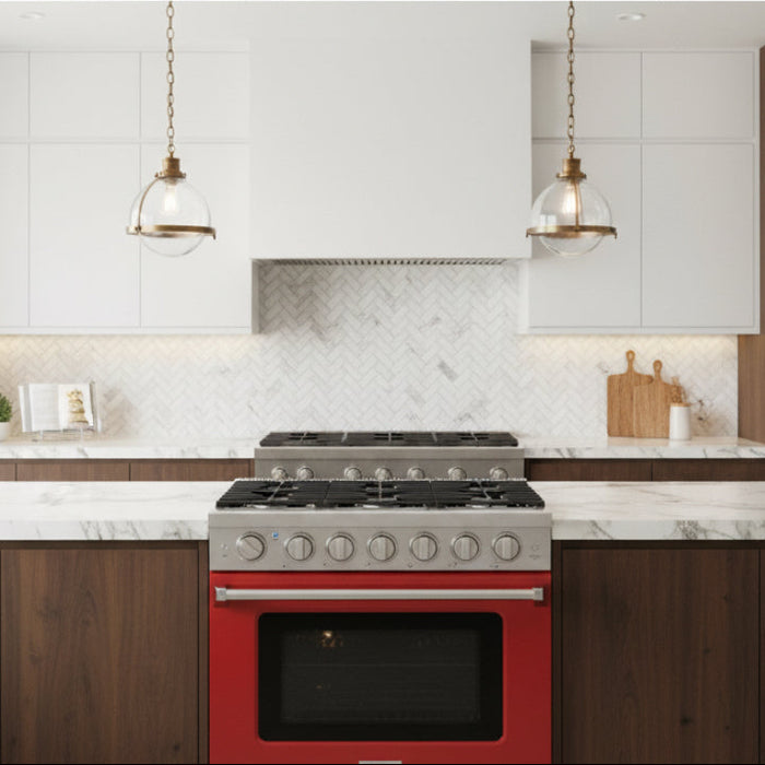 Kostch KOS-36RG03M-R 36" Freestanding Gas Range with 6 Burners, Convection Oven – Red, LP Convertible