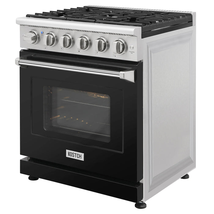 Kostch KOS-30RG03M-B 30" Freestanding Gas Range with 5 Burners, 4.55 cu. ft. Convection Oven – Black, LP Convertible