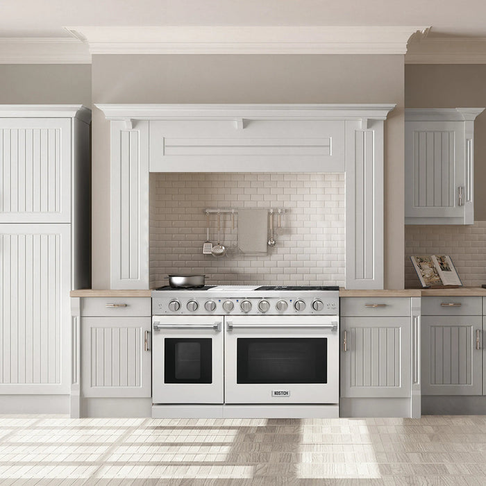 Kostch KOS-48RG03M-W 48" Freestanding Gas Range with 6 Burners, Convection Oven – White, LP Convertible
