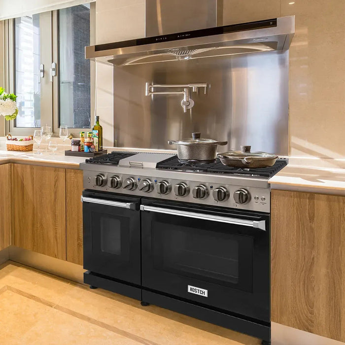 Kostch KOS-48RG03MLP-B 48" Freestanding LP Gas Range with 6 Burners, Convection Oven – Black