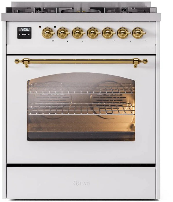 Ilve UP30NMPWHG 30 in Nostalgie II Dual Fuel Range, 5 Burners, Convection Oven, White, Brass