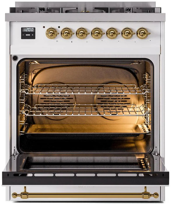 Ilve UP30NMPWHG 30 in Nostalgie II Dual Fuel Range, 5 Burners, Convection Oven, White, Brass