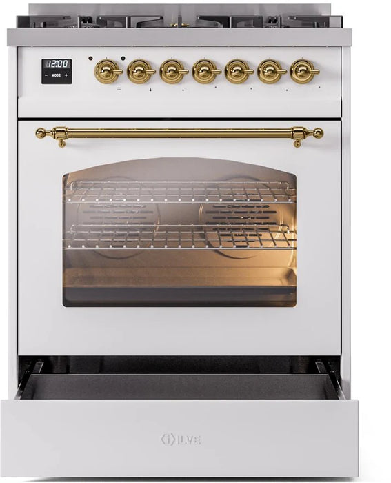 Ilve UP30NMPWHG 30 in Nostalgie II Dual Fuel Range, 5 Burners, Convection Oven, White, Brass