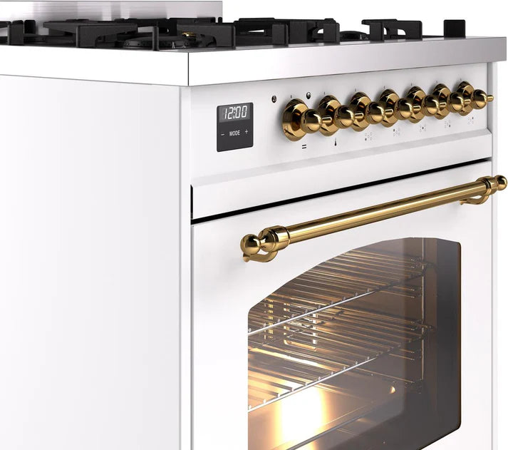 Ilve UP30NMPWHG 30 in Nostalgie II Dual Fuel Range, 5 Burners, Convection Oven, White, Brass