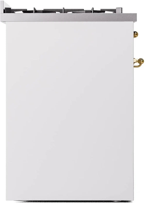 Ilve UP30NMPWHG 30 in Nostalgie II Dual Fuel Range, 5 Burners, Convection Oven, White, Brass