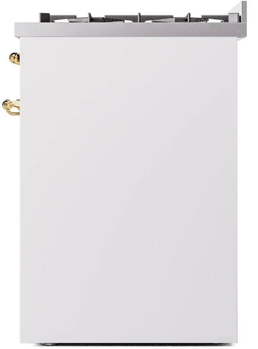 Ilve UP30NMPWHG 30 in Nostalgie II Dual Fuel Range, 5 Burners, Convection Oven, White, Brass