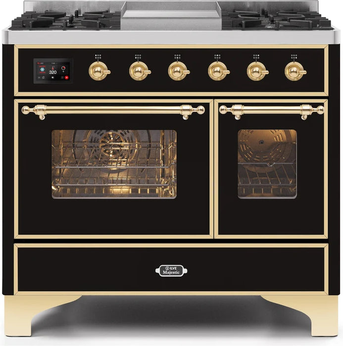 Ilve UMD10FDNS3BKG 40 in Majestic II Dual Fuel Range, 6 Burner Griddle, Double Oven, Glossy Black, Brass