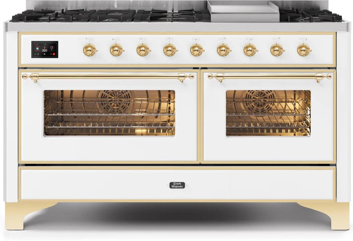 Ilve UM15FDNS3WHG 60 in Majestic II Dual Fuel Range, 9 Burner Griddle, Double Oven, White, Brass