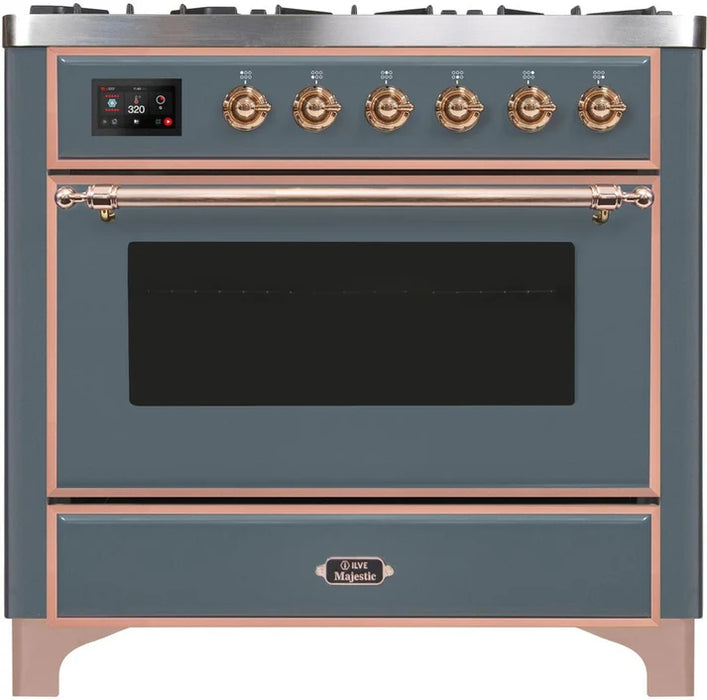 Ilve UM09FDNS3BGP Majestic II 36-Inch Freestanding Dual Fuel Range – 6 Brass Burners, Griddle, Convection Oven, Blue Grey with Copper Trim