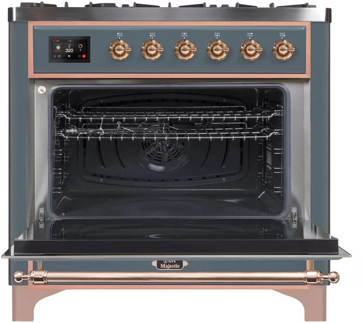 Ilve UM09FDNS3BGP Majestic II 36-Inch Freestanding Dual Fuel Range – 6 Brass Burners, Griddle, Convection Oven, Blue Grey with Copper Trim