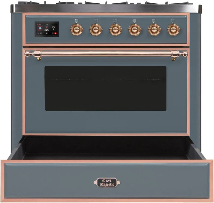 Ilve UM09FDNS3BGP Majestic II 36-Inch Freestanding Dual Fuel Range – 6 Brass Burners, Griddle, Convection Oven, Blue Grey with Copper Trim