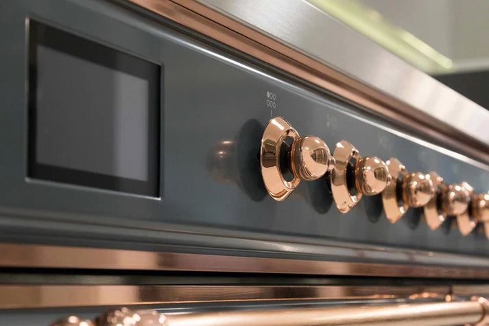 Ilve UM09FDNS3BGP Majestic II 36-Inch Freestanding Dual Fuel Range – 6 Brass Burners, Griddle, Convection Oven, Blue Grey with Copper Trim