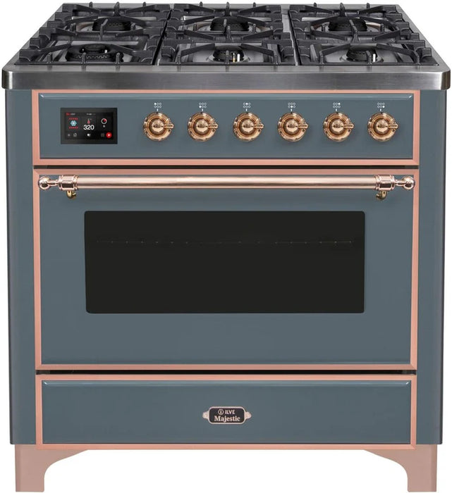Ilve UM09FDNS3BGP Majestic II 36-Inch Freestanding Dual Fuel Range – 6 Brass Burners, Griddle, Convection Oven, Blue Grey with Copper Trim