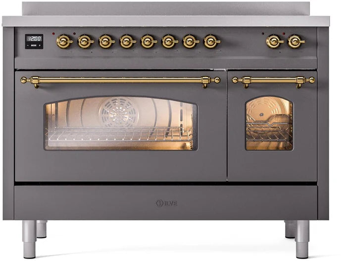 Ilve UPI486NMPMGG 48 in Nostalgie II Induction Range, 6 Elements, Double Oven, Graphite Matte, Brass