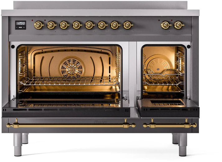 Ilve UPI486NMPMGG 48 in Nostalgie II Induction Range, 6 Elements, Double Oven, Graphite Matte, Brass