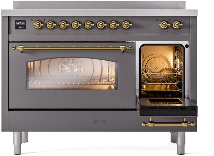 Ilve UPI486NMPMGG 48 in Nostalgie II Induction Range, 6 Elements, Double Oven, Graphite Matte, Brass