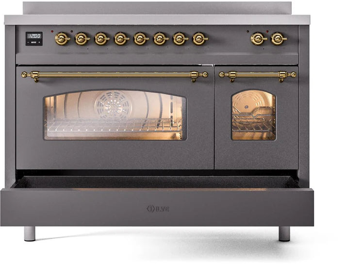 Ilve UPI486NMPMGG 48 in Nostalgie II Induction Range, 6 Elements, Double Oven, Graphite Matte, Brass