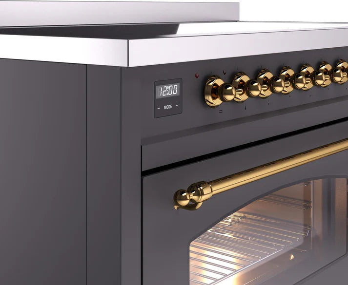 Ilve UPI486NMPMGG 48 in Nostalgie II Induction Range, 6 Elements, Double Oven, Graphite Matte, Brass
