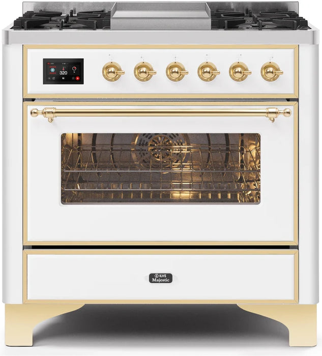 LVE Majestic II 36" Dual Fuel Natural Gas Range in White with Brass Trim, UM09FDNS3WHG
