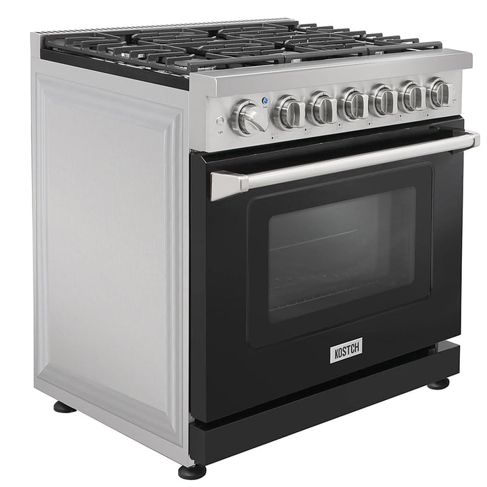 Kostch KOS-36RG03MLP-B 36" Freestanding LP Gas Range with 6 Burners, Convection Oven – Black