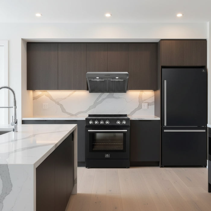 Forno FBDL-001-02US Appliance Package – FFSEL6012-30BLK Electric Range + FRHUC5255-30BLK Under-Cabinet Range Hood + FFFFD1785-31BLK Bottom Freezer Refrigerator (Black)