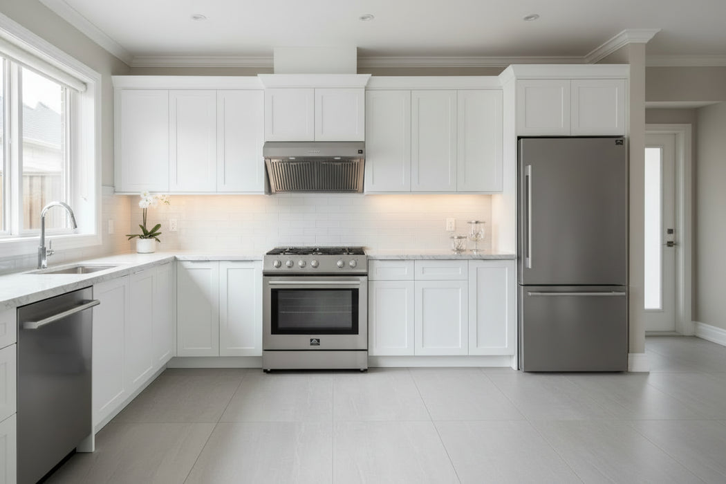 Forno FBDL-001-01US Appliance Package – FFSEL6012-30 Electric Range + FRHUC5255-30 Under-Cabinet Range Hood + FFFFD1785-31S Bottom Freezer Refrigerator