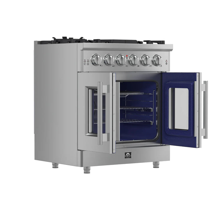 Forno Massimo FFSGS6439-30 30" Stainless Steel French Door Gas Range, 5 Sealed Burners, 4.32 cu. ft. Convection Oven
