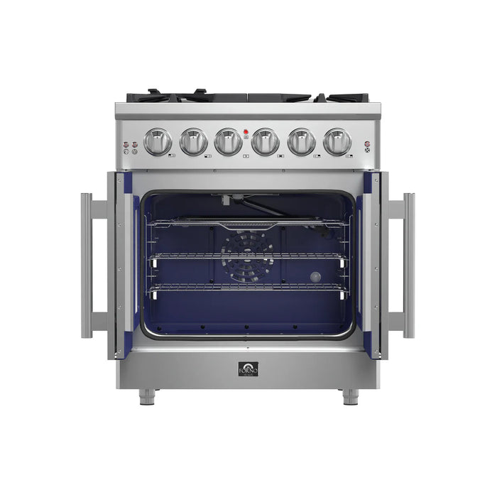 Forno Massimo FFSGS6439-30 30" Stainless Steel French Door Gas Range, 5 Sealed Burners, 4.32 cu. ft. Convection Oven