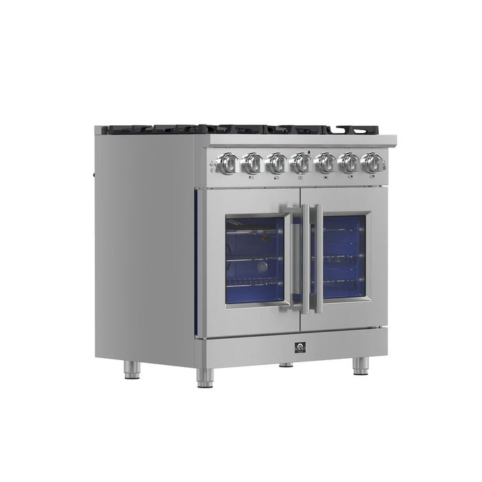 Forno Massimo FFSGS6439-36 36" Stainless Steel French Door Gas Range, 6 Sealed Burners, 5.36 cu. ft. Convection Oven