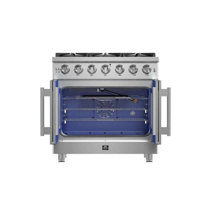 Forno Massimo FFSGS6439-36 36" Stainless Steel French Door Gas Range, 6 Sealed Burners, 5.36 cu. ft. Convection Oven