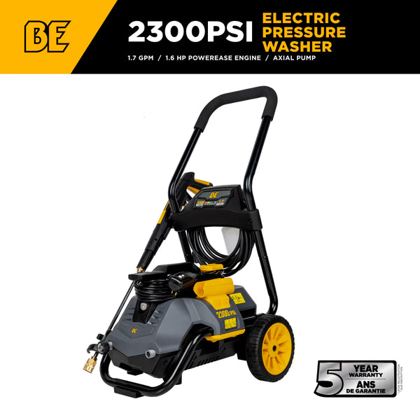 BE Power Equipment P2314EN 2,300 PSI 1.7 GPM Electric Pressure Washer – 1.6 HP Powerease Motor, Convertible Cart/Wall/Hand‑Carry Frame